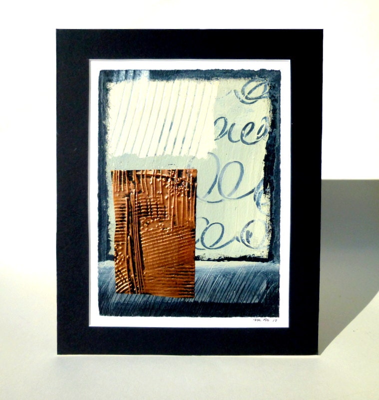Abstract, Mixed Media Original Painting With Copper Metal-White, Blue and Black Art/ Matted Artwork, Wall Art/ Decor Modern Art Painting