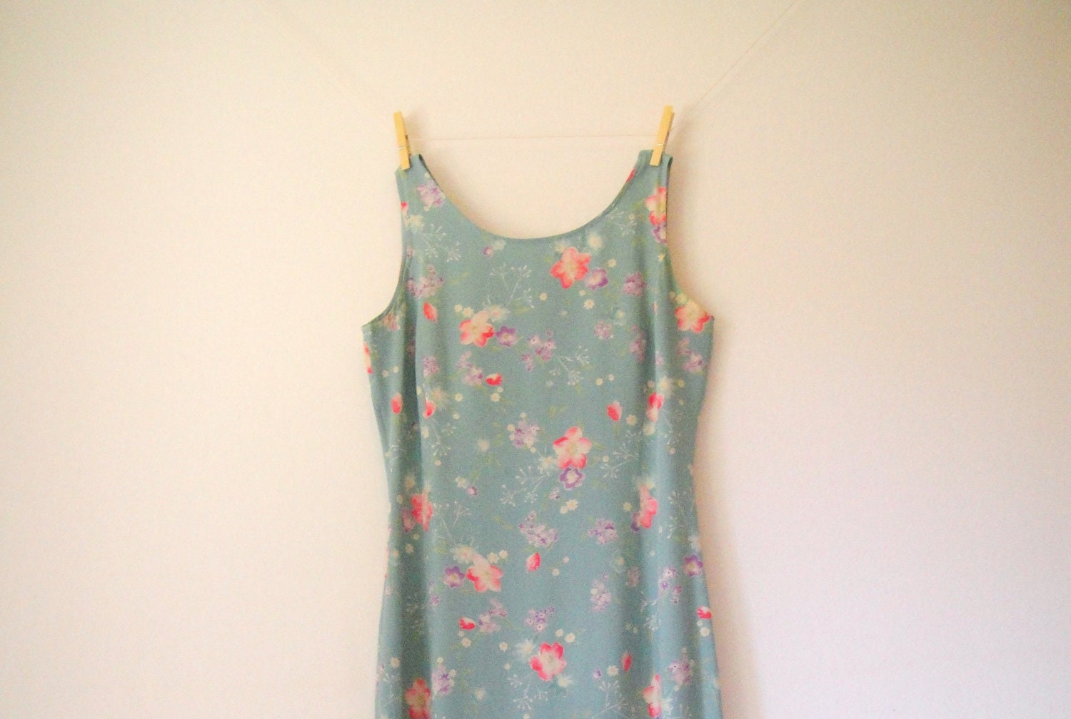 Vintage. 90's. Designer Silk Maxi Dress. Floral. Light Blue. Sleeveless. Godet Train. Romantic. Boho. Garden Party. Small. S.
