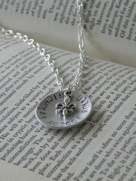 Mother's Necklace.... Hand-stamped aluminum pendant necklace with pewter fleur de lis charm