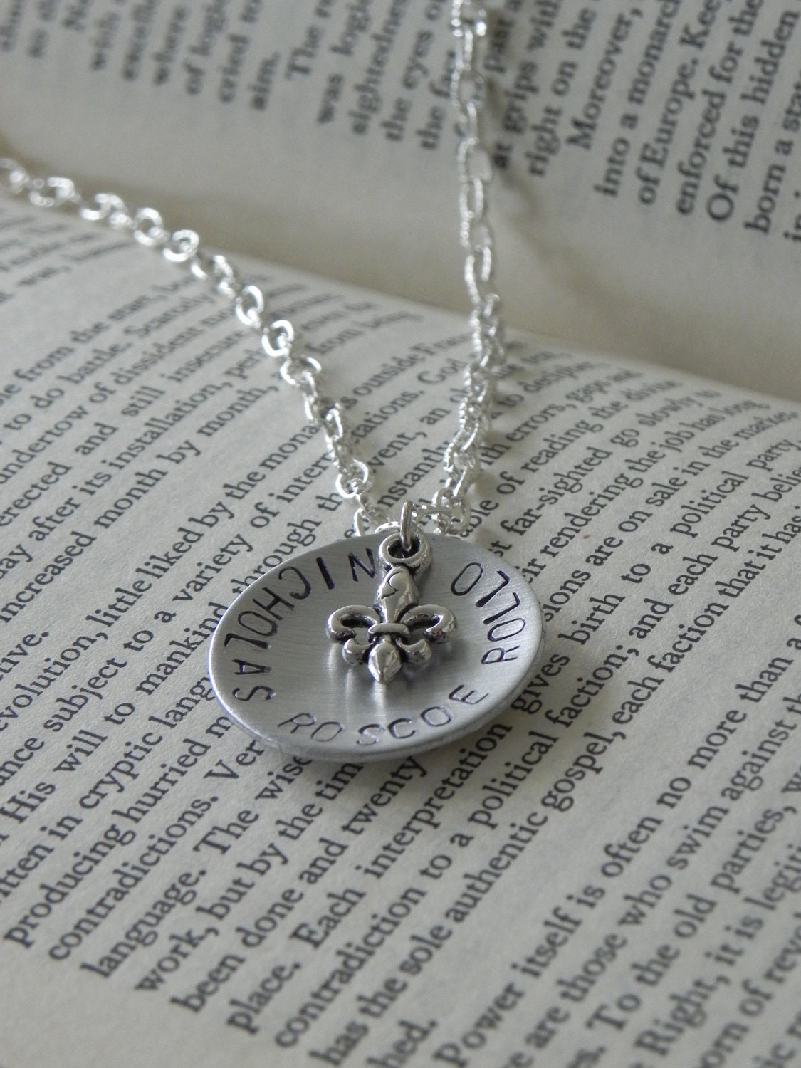 Mother's Necklace.... Hand-stamped aluminum pendant necklace with pewter fleur de lis charm