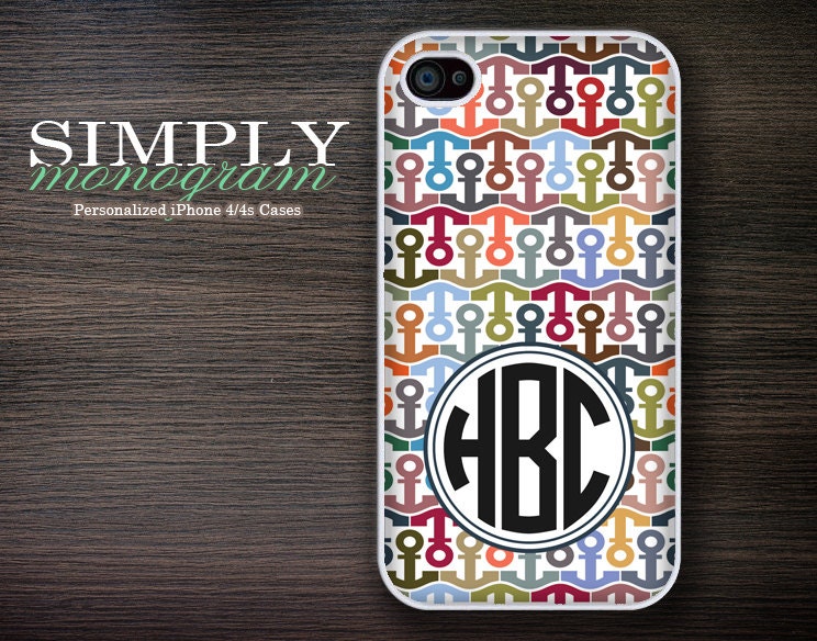 iphone 4 case - iphone 4s case - plastic or silicone rubber - nautical anchor monogram
