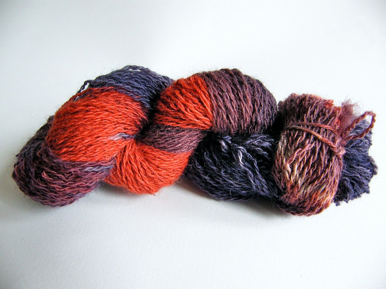 Hand Spun & Dyed 50g 2 ply Wool Yarn, Pink, Blue, Purple