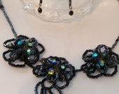 SALE - Necklace and Earrings Set, Beaded Irridescent Flowers & Dangles, Jewelry Set, Prom Jewelry, Bridal, Special Occasion