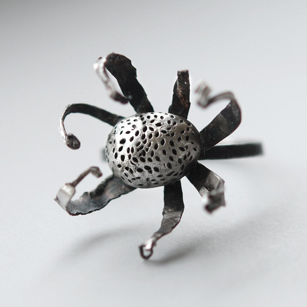 Dried flower ring. "Falling asleep" collection. Oxidized sterling silver.  Handmade. Ready to ship.