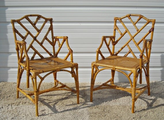 Vintage Chippendale Bamboo Rattan Chairs McGuire Style  Hollywood Regency Set of 6