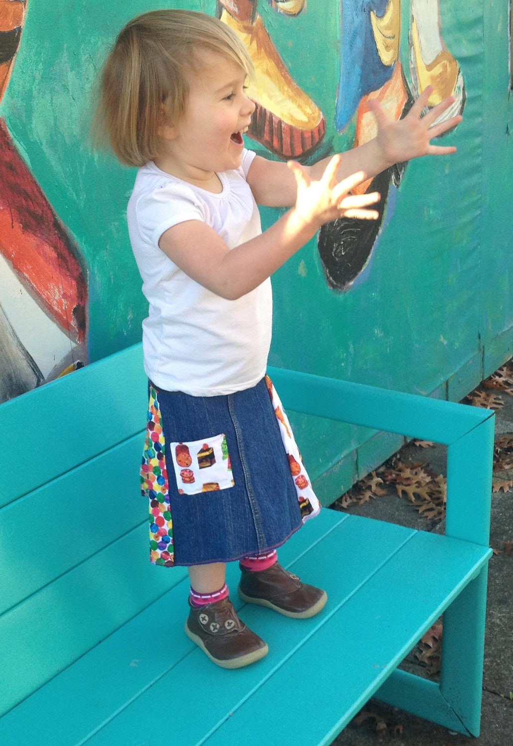 Girl's Upcycled Denim Skirt: Very Hungry