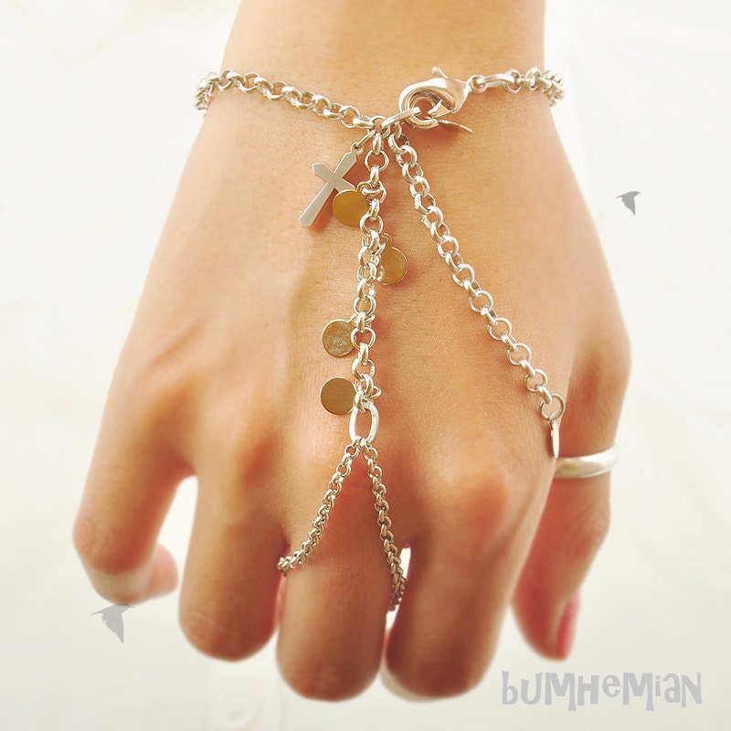 Gypsy Slave Bracelet, Rhodium Rolo, Cross Pendant & Mini Disks, Bracelet