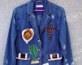 Upcycled Redesigned Denim Jean Jacket - "Virgin of Guadalupe'