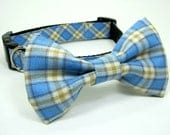 Blue/Tan Plaid Dog Collar with bow tie set  ((Mini,X-Small,Small,Medium ,Large or X-Large Size Bow tie)- Adjustable