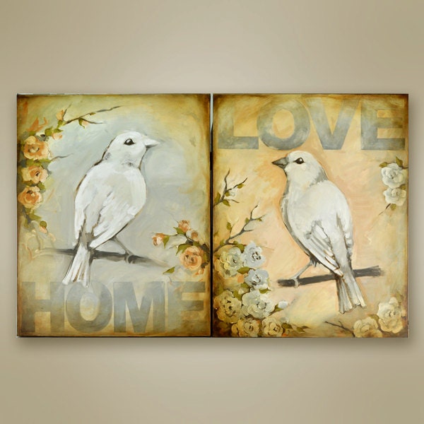 Bird Painting - HOME - Vintage Modern - 24 x 30 Inches - Mixed Media - Shabby Chic - Cottage Style