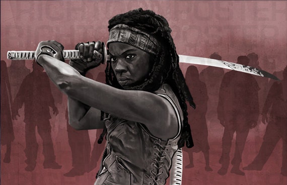Unframed Poster 8.5x5 inch The Walking Dead Michonne Shooting at Zombies Horror Digital Painting
