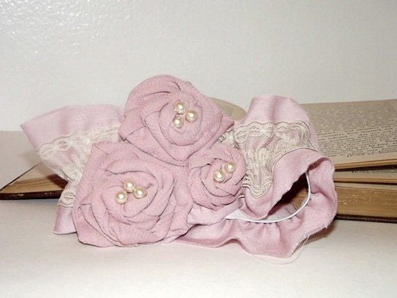 Victorian Pink Headband Photo Prop Baby Flower Vintage Style Shabby Chic Natural Little Girls Handmade Lace Cream Roses Pearls Lace Ruffles
