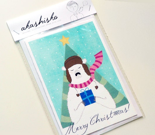 greeting card A6 (4.1 x 5.8) Christmas card with a lovely cute illustration of a bear holding a gift, hand drawn, with a christmas tree