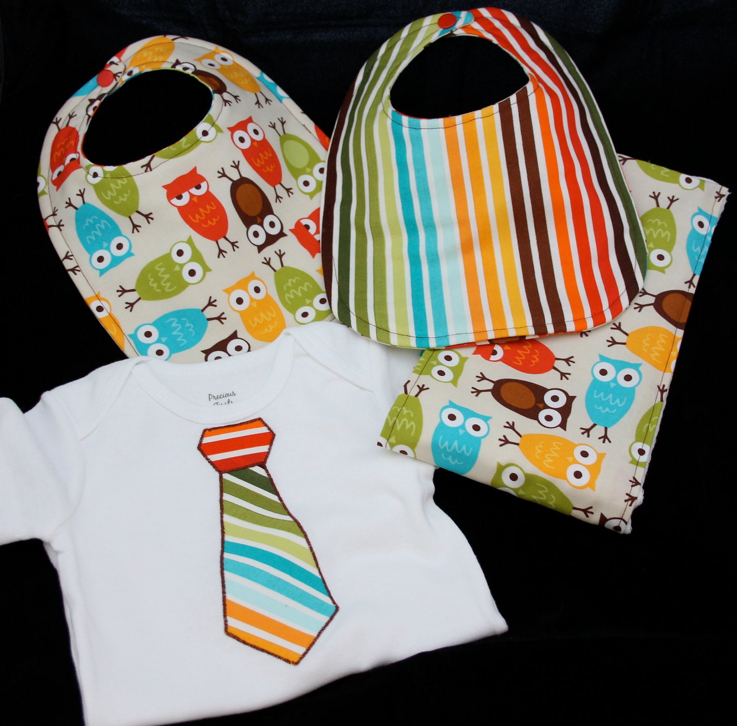 Owl Baby Boy Gift Set - 1 burp cloth, 2 reversible bibs, 1 appliqued tie onesie