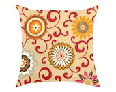 Decorative Pillow Cover - Mod Flowers - Gray, Tan, Brown, Yellow, Orange, Fuchsia, White, Red