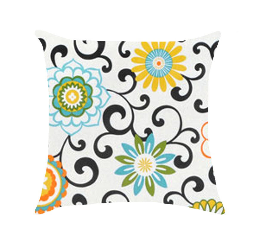 Toss Pillow Cover - Mod Flowers - Yellow, Orange,  White, Blue, Turquoise, Black, Green