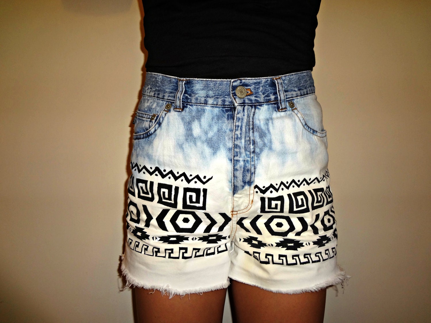High Waisted Shorts Handpainted Aztec/Tribal Pattern Denim Shorts