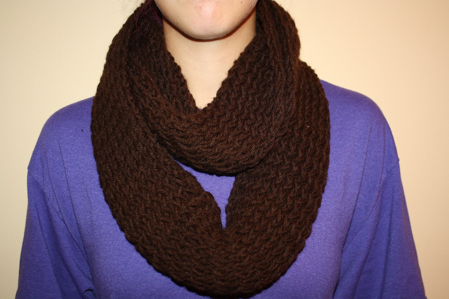 Hand knit dark brown circle/infinity scarf