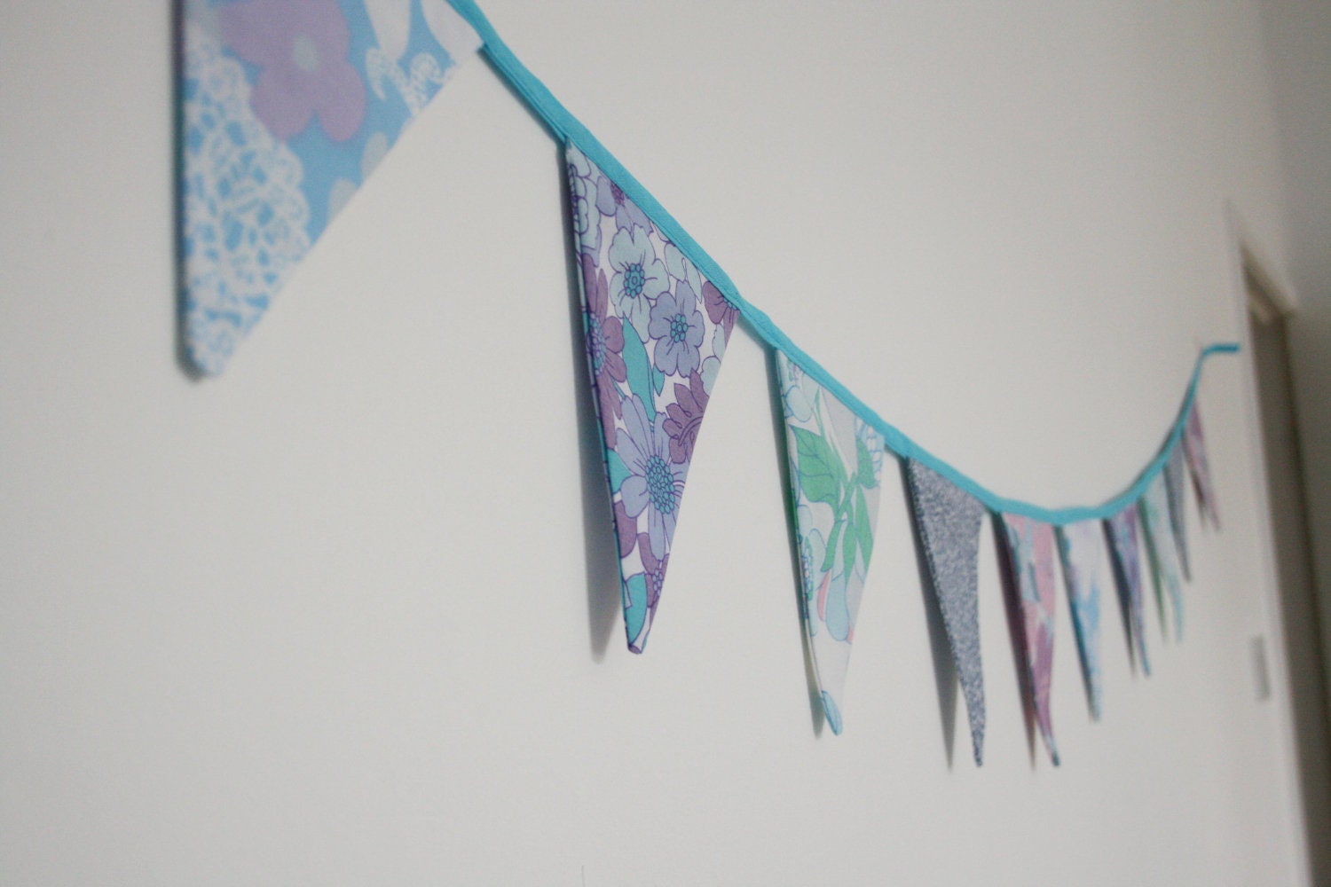 Vintage Retro floral bunting / pennants / garland 10 flags home, wedding, party, shower decor, purples, blues