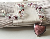 Amethyst Purple Foil Heart with Flourite Chips, Purple and Peridot Green Glass Bead Necklace UK Seller