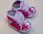Baby Infant Girls Sneakers Shoes High-Tops - Handmade Irish Rose Flower - size 1 - 0 3 months Hot Pink Hearts