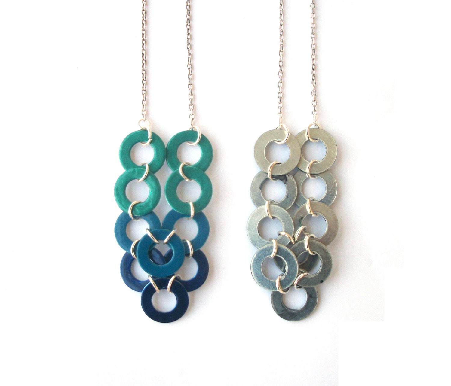 Ombre Geometric Necklace - Hand Painted Blue to Teal Washer Industrial Fashion Necklace - AmplifiedPeople