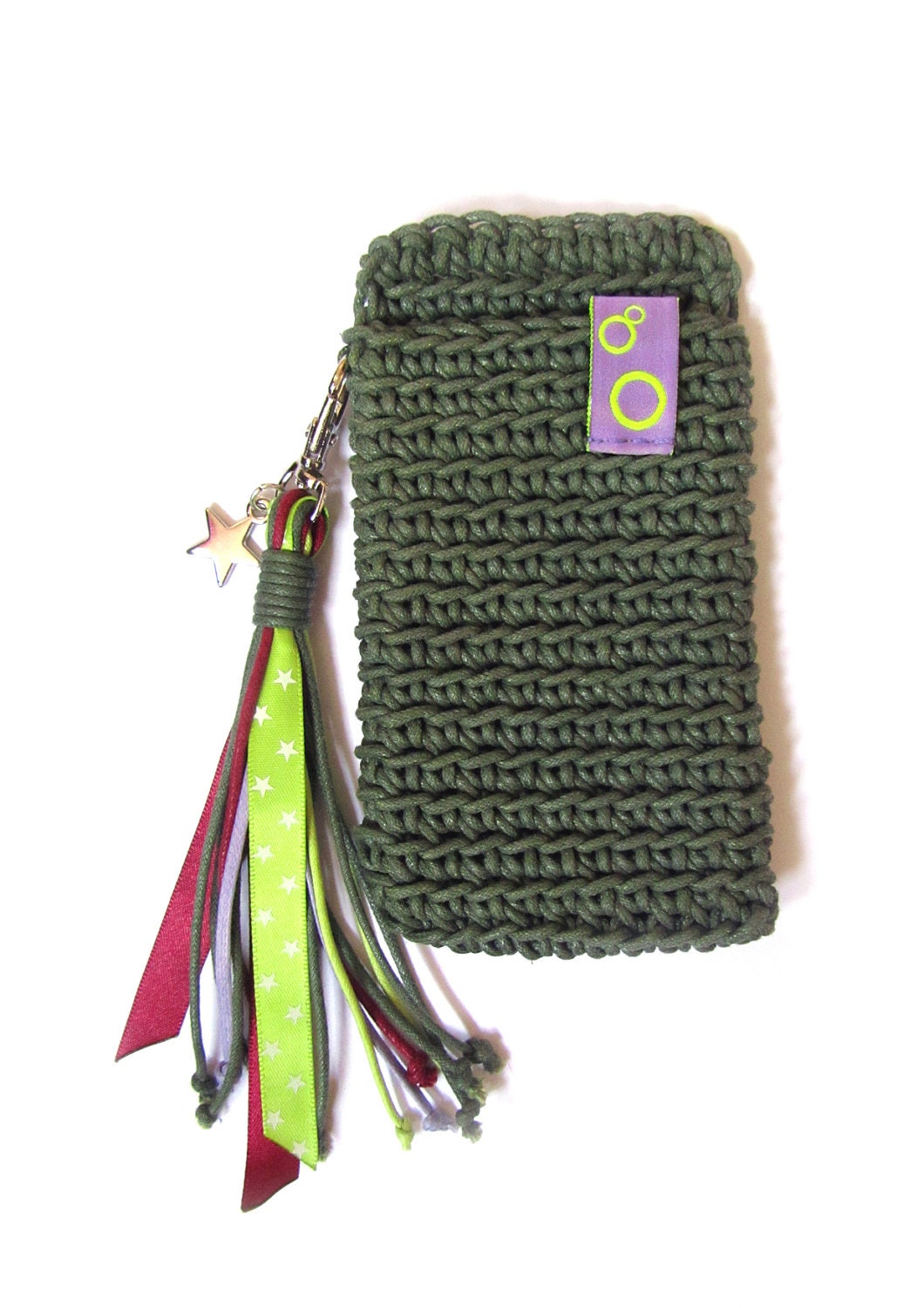 Olive green handmade iPhone 3 4 4s 5 sleeve with colorful keyhanger and silver color charm