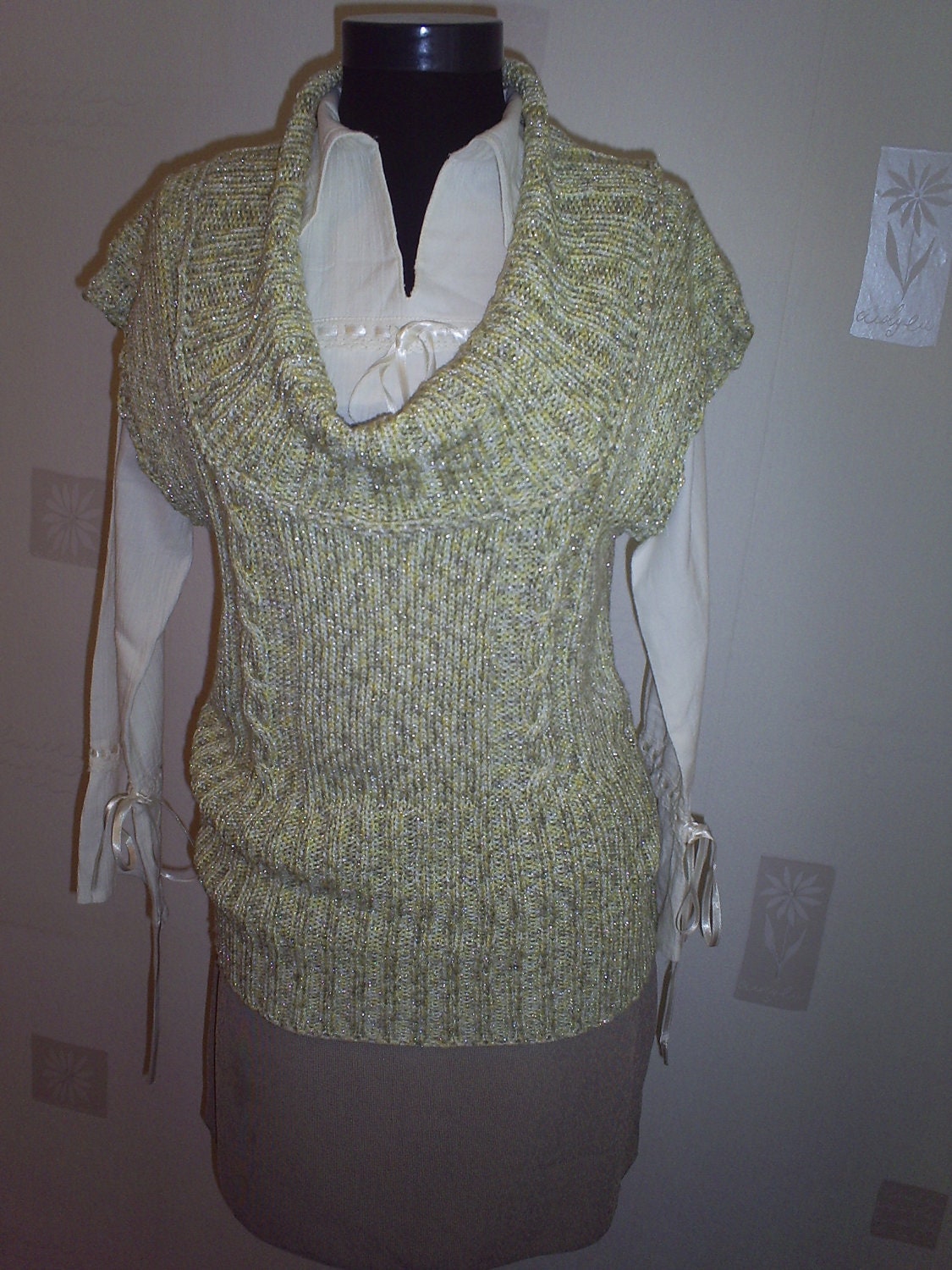 Sleeveless sweater in pale green-yellow powder, hand knitting  waistcoats,knitted sweater, ladies sleeveless blouse