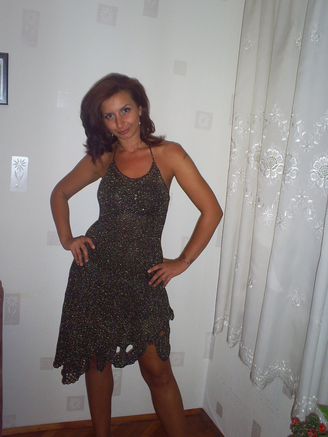 Elegant  knitted dress, of black silk with added gold lame, hand knitting dress ,