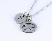 Cancer Zodiac charm, initial necklace, initial hand stamped, Personalized necklace, antique silver pewter