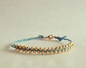 Waxed Linen Cord Bracelet in Blue with Gold Beads and Lobster Clasp (Lovewrap in Caribbean Blue)