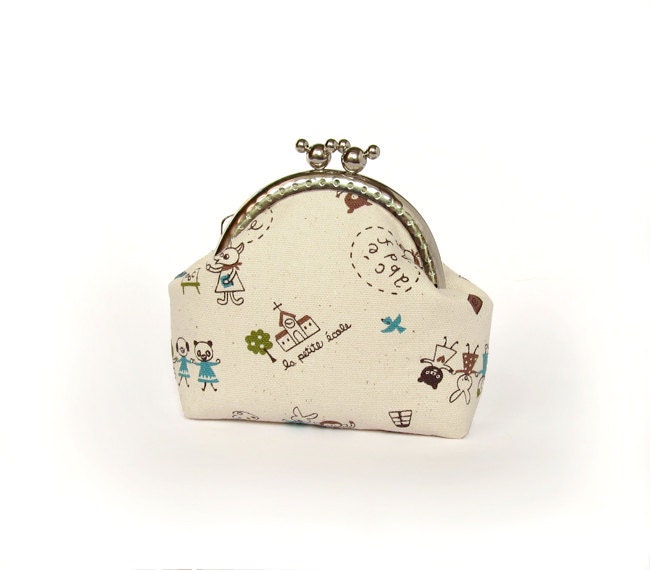 Animal Coin purse - Cream, blue, green cotton fabric with metal frame