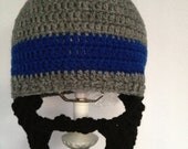 Crochet Beard Beanie, in style hat, gray and blue hat, please include the SIZE in order