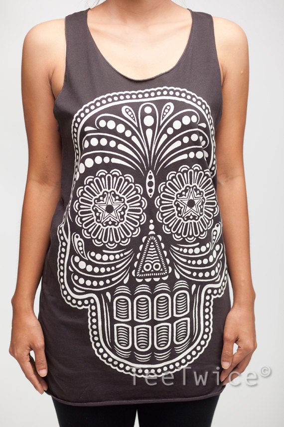 Skull Shirt Day of the Dead Shirt Gothic Sugar Skull Top Women Tank Top Black Shirt Tunic Top Vest Sleeveless Women T-Shirt Size S M