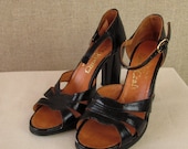 Vintage Black Leather Shoes / Strappy Sandal Heels