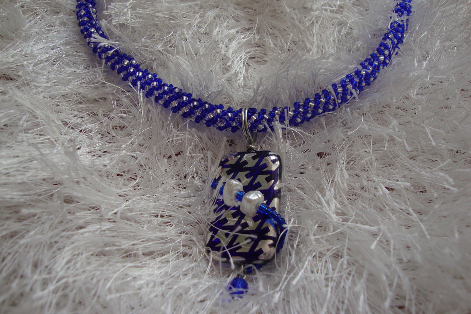 Blue Art Glass Bead Pendant on Blue  Silver Spiral - Davianna