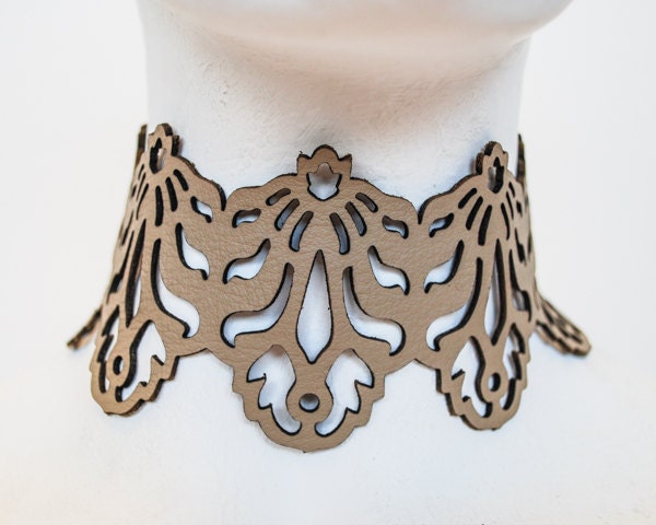 Laser Cut Leather Choker Necklace - Falling Leaves design