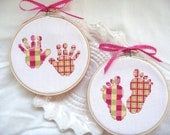 baby hand print, baby foot print, nursery wall hanging, nursery decor, hoop art, cross stitch