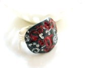 handmade gray red stamped polymer clay adjustable ring