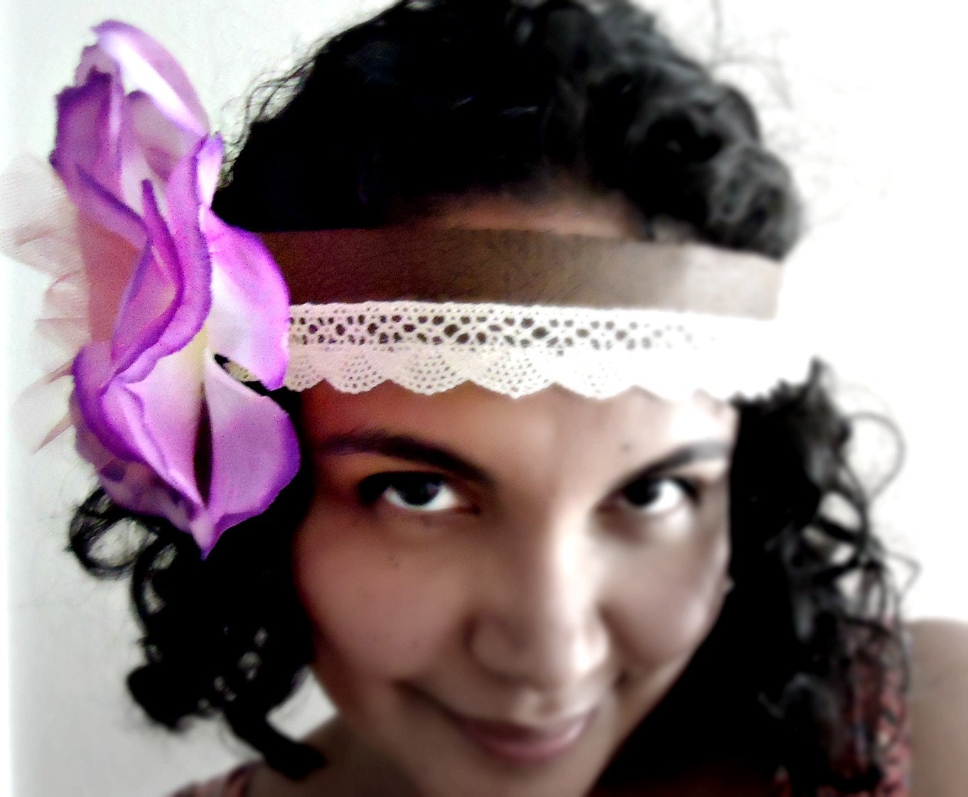 Boho Chic Headband. Woodland Beauty. Purple Flower with Cotton Lace. OOAK. - EcoYagual