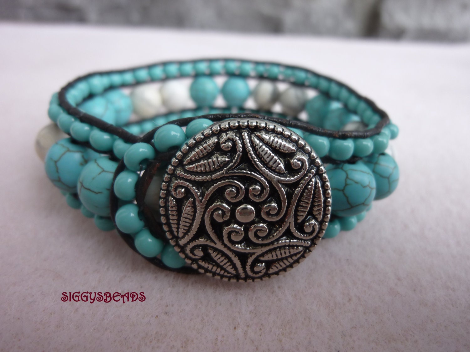 leather beaded bracelet. cuff bracelet chan luu style white and blue boho bracelet with silver button