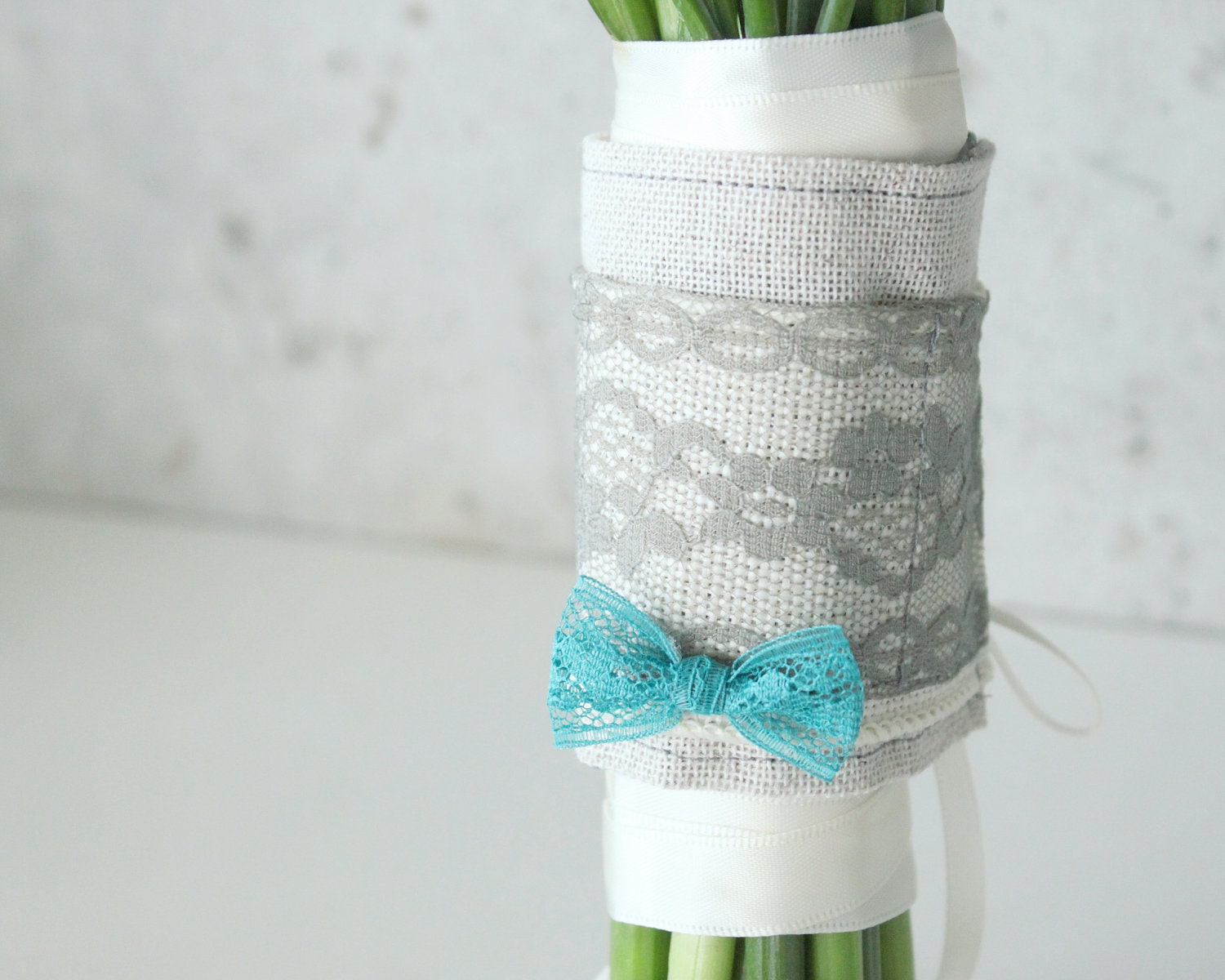 Lucky Penny Pocket Bouquet Wrap, Rustic Ivory Burlap with Aqua and Gray Lace