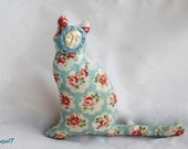 Blue Women Cat with hand painted polymer clay face, Soft Sculpture Textile Decor, Floral Print.