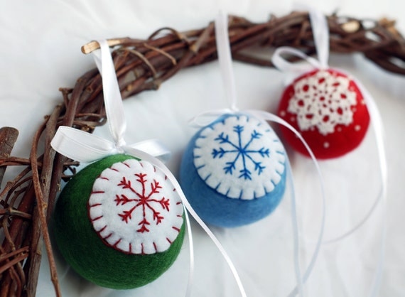 Felted Christmas ornaments , New Year tree hanging decoration, set of 3 balls. Hand Crocheted and embroidery ornaments.