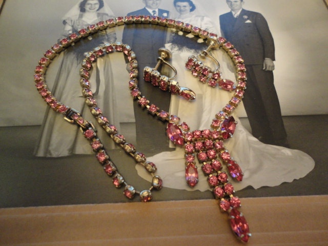 Vintage Art Deco Demi Parure Bridal Pink Rhinestone Necklace Earrings Flapper Matched Set Costume 1930s Choker Wedding Day Something Old