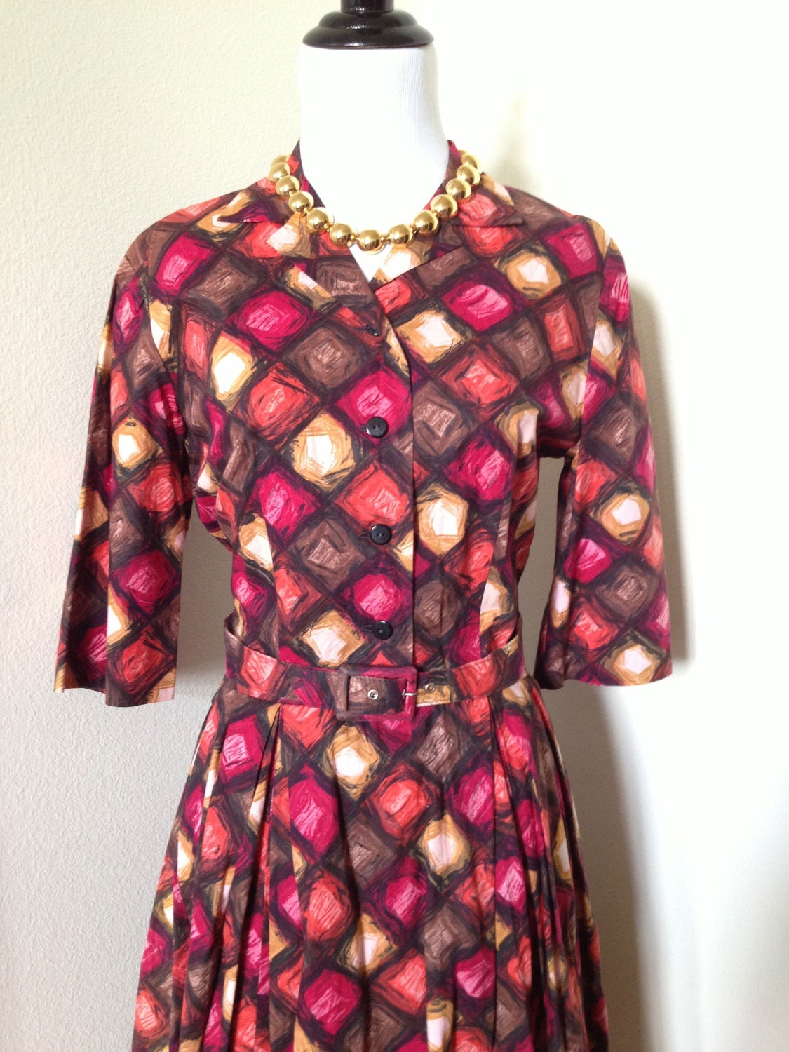 25% sale: 50s printed day dress with full skirt sz S