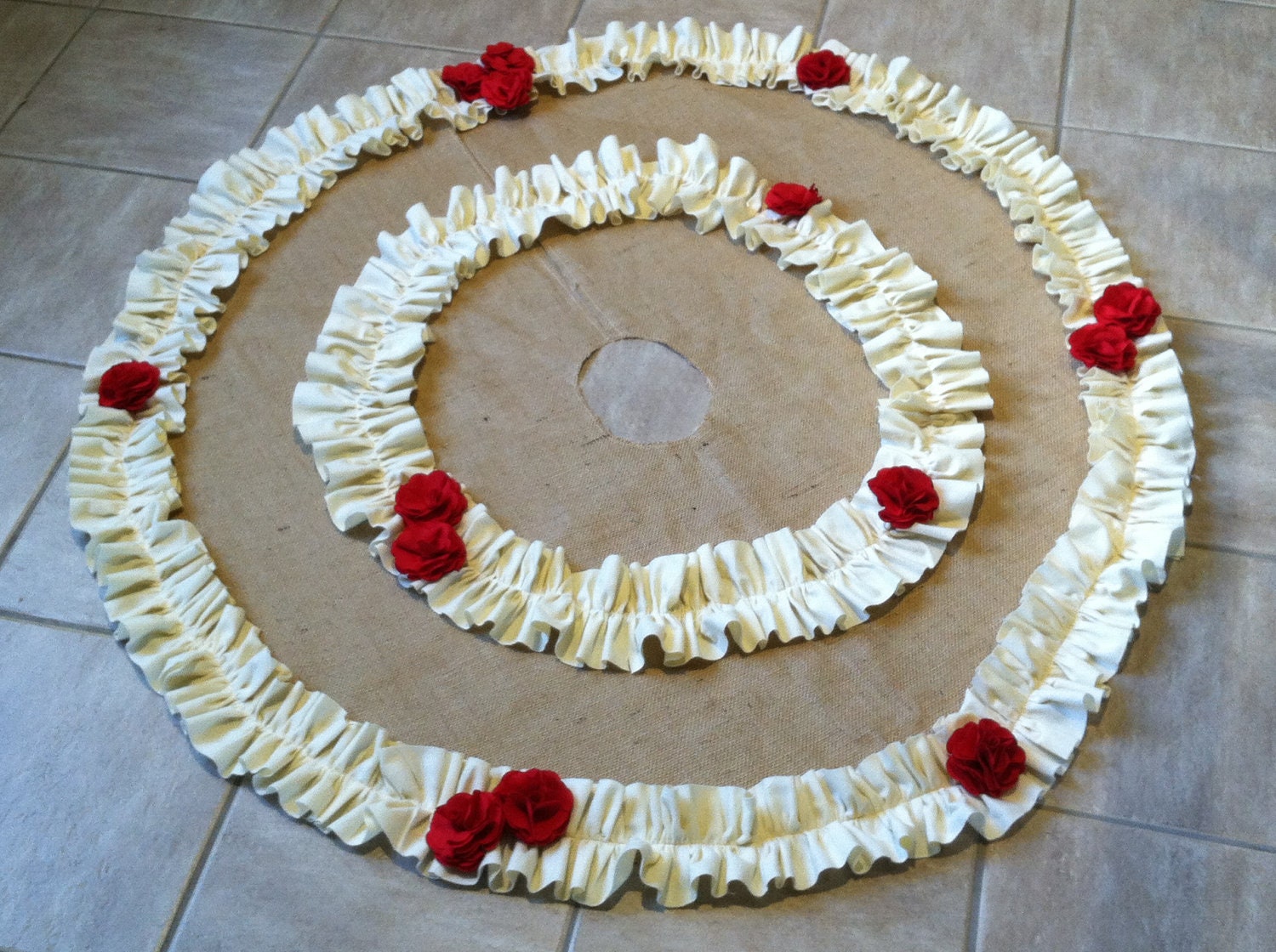 Burlap Tree Skirt with Cream Ruffle and Red Flowers
