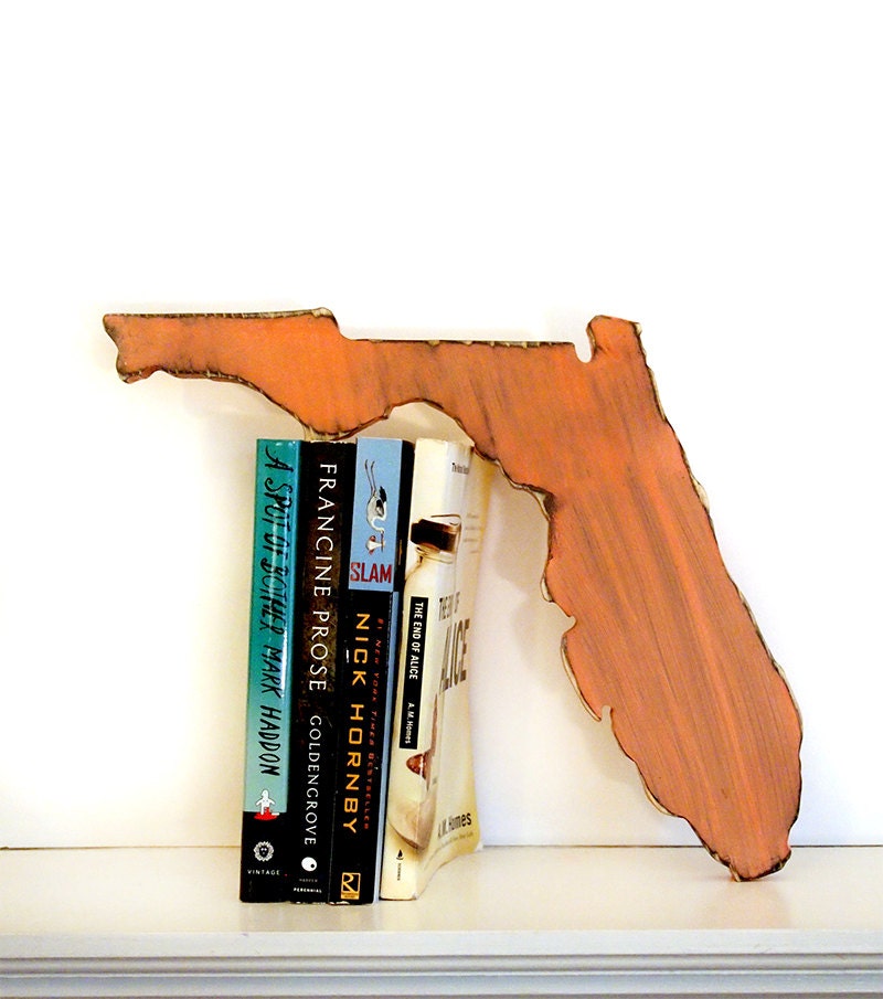 Florida State (Pictured in Coral) Pine Wood Sign Wall Decor Rustic Americana French Country Chic