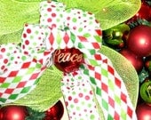 Deco Mesh Wreath Red & Green Holiday Decorations -Peace At Christmas Time Artificial Door Wreath