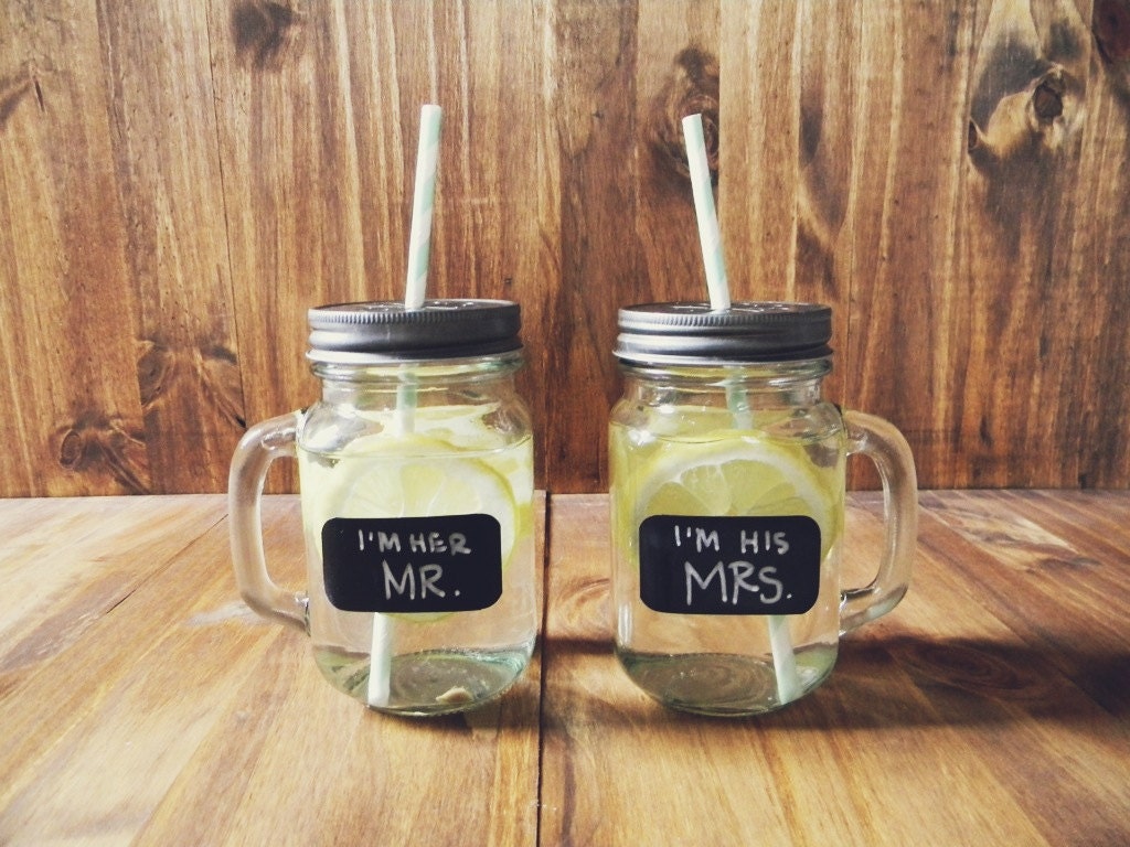 Set of Two 16oz Chalk Board Label and Handle Mason Jar Tumbler, PICK YOUR STRAW cup, wedding gift, party, favor, summer, bride groom, mr mrs